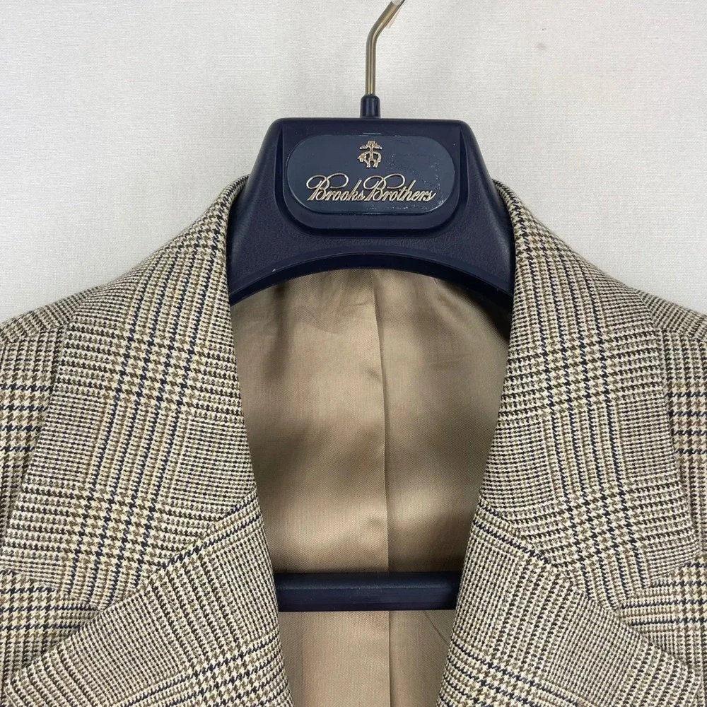 Brooks Brothers 1818 Madison Saxon Wool Glen Plaid Blazer Tan Brown 40L 32184026